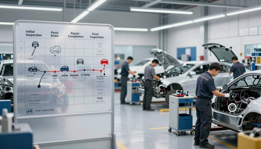 A detailed illustration of a timeline for repairs at a busy collision center. In the foreground, a large, clear wall-mounted schedule displays various stages of vehicle repairs, such as "Initial Inspection," "Parts Order," "Repair Completion," and "Final Inspection," with icons representing each phase. In the middle, technicians in professional attire diligently work on cars, using modern tools and equipment. The background features a clean, organized shop with vehicles in different stages of repair under bright, soft lighting, creating a professional yet inviting atmosphere. A subtle depth of field blurs the background slightly, focusing attention on the timeline and technicians. The overall mood is industrious and efficient, conveying trust and expertise in vehicle repair. A detailed illustration of a timeline for repairs at a busy collision center. In the foreground, a large, clear wall-mounted schedule displays various stages of vehicle repairs, such as "Initial Inspection," "Parts Order," "Repair Completion," and "Final Inspection," with icons representing each phase. In the middle, technicians in professional attire diligently work on cars, using modern tools and equipment. The background features a clean, organized shop with vehicles in different stages of repair under bright, soft lighting, creating a professional yet inviting atmosphere. A subtle depth of field blurs the background slightly, focusing attention on the timeline and technicians. The overall mood is industrious and efficient, conveying trust and expertise in vehicle repair.