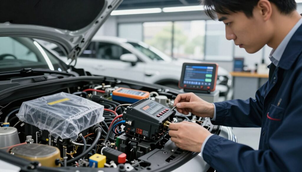 A detailed scene depicting a modern automotive repair shop focusing on Electronic Control Units (ECUs) protection during collision repair. In the foreground, a close-up of an ECU being carefully inspected by a technician wearing professional business attire. The middle ground includes various tools and equipment used for precision repairs, with an emphasis on protective coverings and diagnostic devices. The background features a well-organized workshop with bright LED lights highlighting the intricate details of the vehicle's interior, ensuring a clean and professional atmosphere. The perspective is slightly angled to create depth, and natural lighting filters in through windows, enhancing the mood of focus and diligence in a high-tech environment. The overall atmosphere should convey seriousness and expertise in modern collision repair techniques. A detailed scene depicting a modern automotive repair shop focusing on Electronic Control Units (ECUs) protection during collision repair. In the foreground, a close-up of an ECU being carefully inspected by a technician wearing professional business attire. The middle ground includes various tools and equipment used for precision repairs, with an emphasis on protective coverings and diagnostic devices. The background features a well-organized workshop with bright LED lights highlighting the intricate details of the vehicle's interior, ensuring a clean and professional atmosphere. The perspective is slightly angled to create depth, and natural lighting filters in through windows, enhancing the mood of focus and diligence in a high-tech environment. The overall atmosphere should convey seriousness and expertise in modern collision repair techniques.