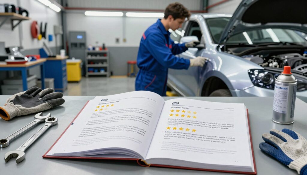 A detailed scene depicting various auto body repair reviews laid out on a tabletop. In the foreground, there are open pages of a thoughtful review report displaying five-star ratings and comments from satisfied customers, all surrounded by tools like wrenches, a pair of gloves, and a spray paint can. In the middle ground, a mechanic in a professional blue jumpsuit is focused on inspecting a vehicle with a shiny new paint job, exhibiting an atmosphere of trust and expertise. The background features a well-organized garage, illuminated by bright LED lights, with various car parts and repair equipment neatly arranged. The setting conveys a sense of professionalism and thoroughness, highlighting the importance of customer feedback in the auto repair industry. A detailed scene depicting various auto body repair reviews laid out on a tabletop. In the foreground, there are open pages of a thoughtful review report displaying five-star ratings and comments from satisfied customers, all surrounded by tools like wrenches, a pair of gloves, and a spray paint can. In the middle ground, a mechanic in a professional blue jumpsuit is focused on inspecting a vehicle with a shiny new paint job, exhibiting an atmosphere of trust and expertise. The background features a well-organized garage, illuminated by bright LED lights, with various car parts and repair equipment neatly arranged. The setting conveys a sense of professionalism and thoroughness, highlighting the importance of customer feedback in the auto repair industry.