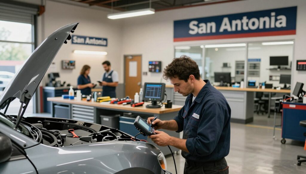 A detailed scene showcasing a collision repair shop in San Antonio, emphasizing a comparison between a local body shop and a larger national chain. In the foreground, a skilled technician in professional work attire examines a vehicle with visible collision damage while using advanced diagnostic tools. The middle ground highlights an array of repair equipment and a sturdy workbench strewn with tools, symbolizing craftsmanship and attention to detail, typical of local shops. In the background, two contrasting shop environments are depicted: one has a warm, inviting atmosphere with friendly staff, while the other presents a sterile, corporate look with strict organizational elements. Soft, natural lighting filters in through large windows, enhancing the professional yet approachable vibe of the local shop, and capturing the essence of personalized service. The angle should create depth, drawing the viewer's eye from the technician to the contrasting shops.