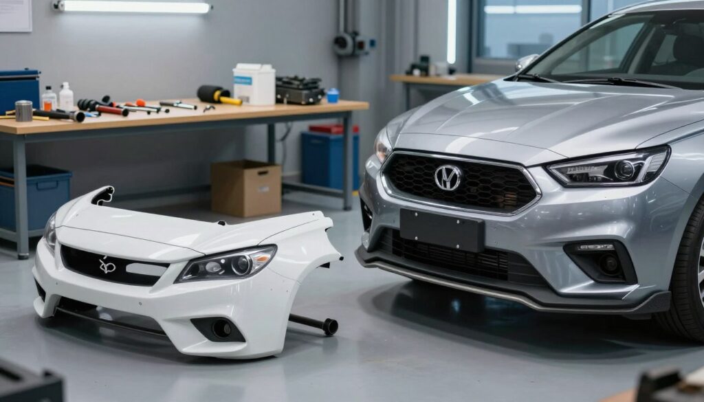 A detailed, side-by-side comparison of collision repair parts, showcasing various car components such as fenders, bumpers, and hoods. In the foreground, a pristine new part glistens under soft, overhead lighting, next to a slightly damaged part that shows signs of wear. The middle ground features a workbench filled with tools and repair materials, emphasizing the difference between repair and replacement. In the background, a clean, modern garage setting, with soft shadows and a hint of blue color cast from overhead lights, conveys a professional atmosphere. The angle should be slightly above eye level to capture the details clearly, creating a sense of depth and focus on the items being compared. The overall mood is informative and precise, suitable for illustrating an article's examination of repair complexity versus parts replacement.