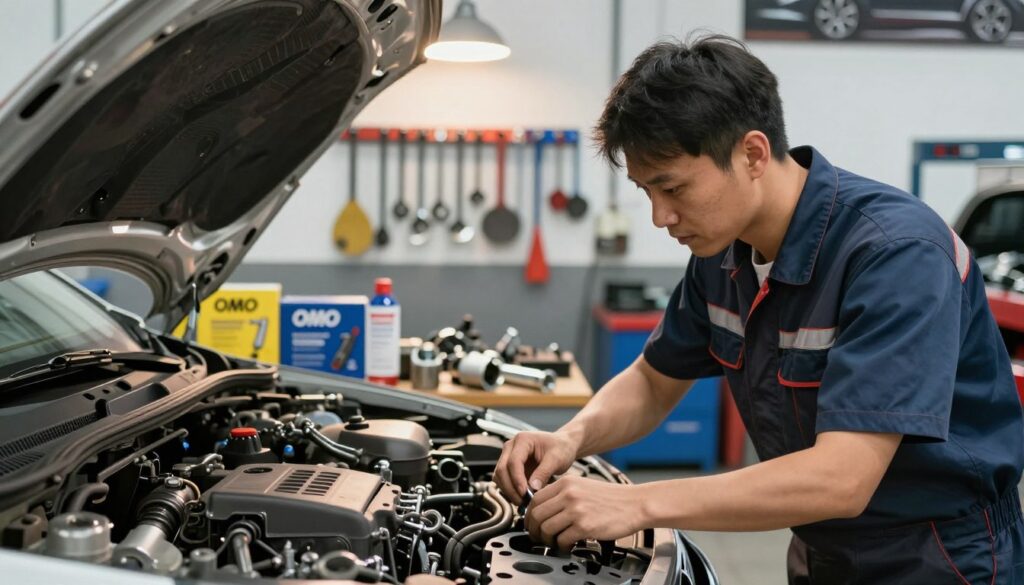 A detailed vehicle repair setting inside a well-organized garage. In the foreground, a mechanic in professional attire is examining a car engine, using OEM parts laid out on a workbench beside him. The mechanic is focused and attentive, with a look of concentration. In the middle ground, an array of both OEM and aftermarket parts can be seen, showcasing their differences, such as packaging and labeling. In the background, car repair tools hang neatly on the wall, and a soft overhead light casts a warm glow, creating a professional atmosphere. The scene captures the essence of making informed choices regarding vehicle maintenance, emphasizing quality and reliability. A detailed vehicle repair setting inside a well-organized garage. In the foreground, a mechanic in professional attire is examining a car engine, using OEM parts laid out on a workbench beside him. The mechanic is focused and attentive, with a look of concentration. In the middle ground, an array of both OEM and aftermarket parts can be seen, showcasing their differences, such as packaging and labeling. In the background, car repair tools hang neatly on the wall, and a soft overhead light casts a warm glow, creating a professional atmosphere. The scene captures the essence of making informed choices regarding vehicle maintenance, emphasizing quality and reliability.