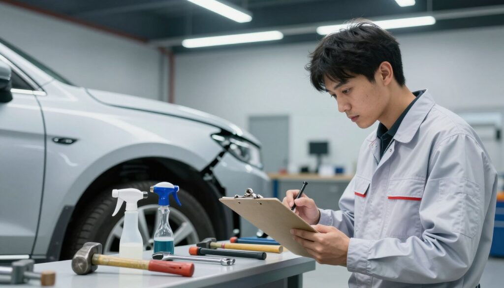 A detailed workshop scene focused on vehicle collision repair. In the foreground, a technician in a clean mechanics uniform examines a damaged car, noting scratches and dents with a clipboard in hand. In the middle ground, tools and equipment like hammers, wrenches, and paint sprayers are organized on a workbench, showcasing the technical aspect of repair work. The background features a well-lit repair bay with overhead fluorescent lights, emphasizing cleanliness and professionalism. The mood of the image is serious and focused, highlighting the importance of understanding vehicle damage after an accident. Capture the scene using a slightly tilted angle to give depth, ensuring good visibility of the technician's assessment.