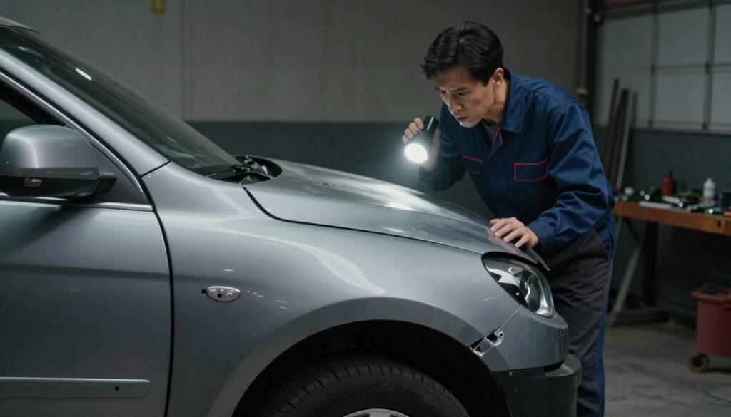 A dimly lit garage reveals a vehicle with subtle signs of poor collision repair. In the foreground, visibly uneven paintwork and poorly aligned body panels display the hidden damage. In the middle, a mechanic in professional attire examines the car with a concerned expression, holding a flashlight that illuminates the damaged areas. The background includes shadowy tools and equipment, hinting at past repair attempts. The atmosphere is tense, emphasizing the long-term consequences of inadequate repairs. Use soft, diffused lighting to evoke a sense of urgency, with a slight angle that highlights the imperfections of the vehicle. The color palette should be muted, focusing on grays and blues to convey a somber mood. A dimly lit garage reveals a vehicle with subtle signs of poor collision repair. In the foreground, visibly uneven paintwork and poorly aligned body panels display the hidden damage. In the middle, a mechanic in professional attire examines the car with a concerned expression, holding a flashlight that illuminates the damaged areas. The background includes shadowy tools and equipment, hinting at past repair attempts. The atmosphere is tense, emphasizing the long-term consequences of inadequate repairs. Use soft, diffused lighting to evoke a sense of urgency, with a slight angle that highlights the imperfections of the vehicle. The color palette should be muted, focusing on grays and blues to convey a somber mood.