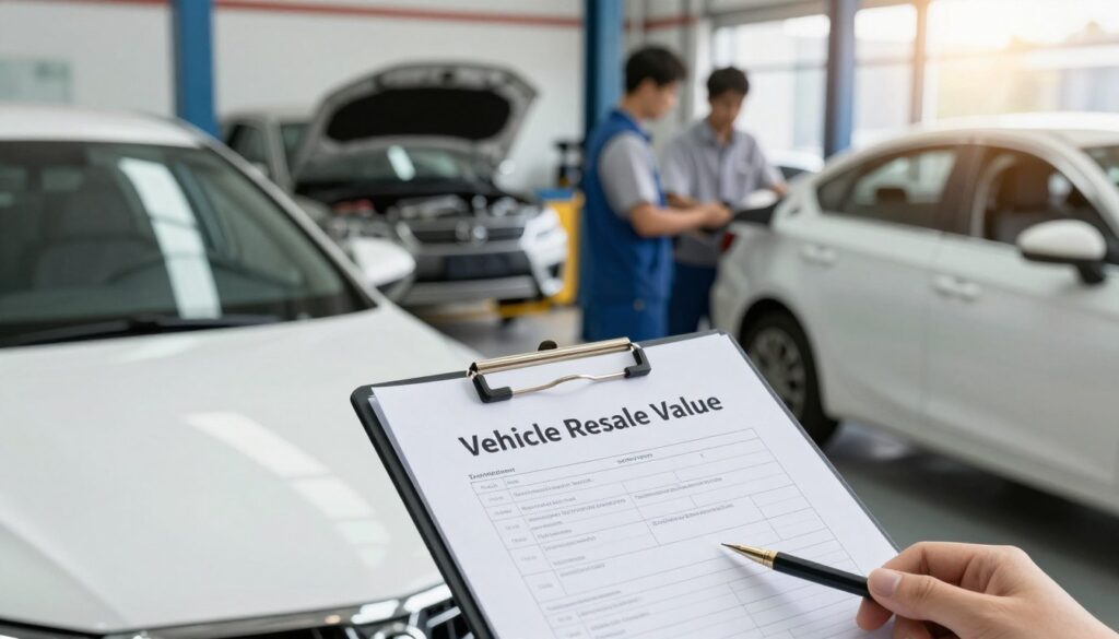 A dynamic and informative scene depicting the concept of "Vehicle Resale Value." In the foreground, a pristine, well-maintained car is shown with a slight sheen reflecting the soft, natural sunlight. In the middle ground, a clipboard with a detailed evaluation form, alongside tools used in quality collision repairs, illustrates the care involved in preserving vehicle quality. The background features a modern auto repair shop with professional mechanics in business attire, collaborating over a vehicle in the process of repair. The lighting is bright yet soft, creating an inviting atmosphere, while a slight depth of field focuses on the car, enhancing the message of protecting your investment. The overall mood is professional, reassuring, and focused on quality craftsmanship.