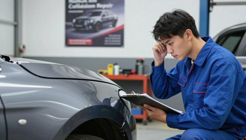 A focused garage scene showcasing the contrast between visible minor vehicle damage and a mechanics’ expertise in collision repair. In the foreground, a professional mechanic in a clean blue uniform examines a car's fender with concern, holding a clipboard. The middle ground features a well-lit workspace with repair tools, equipment, and partially disassembled car parts, emphasizing repair efforts. In the background, a wall displays a poster illustrating common myths about collision repair. Soft, diffuse lighting creates a serious yet informative mood, highlighting the importance of addressing small damages before they escalate. The image should capture the essence of cautious automotive care, fostering awareness of hidden dangers in minor collisions. A focused garage scene showcasing the contrast between visible minor vehicle damage and a mechanics’ expertise in collision repair. In the foreground, a professional mechanic in a clean blue uniform examines a car's fender with concern, holding a clipboard. The middle ground features a well-lit workspace with repair tools, equipment, and partially disassembled car parts, emphasizing repair efforts. In the background, a wall displays a poster illustrating common myths about collision repair. Soft, diffuse lighting creates a serious yet informative mood, highlighting the importance of addressing small damages before they escalate. The image should capture the essence of cautious automotive care, fostering awareness of hidden dangers in minor collisions.