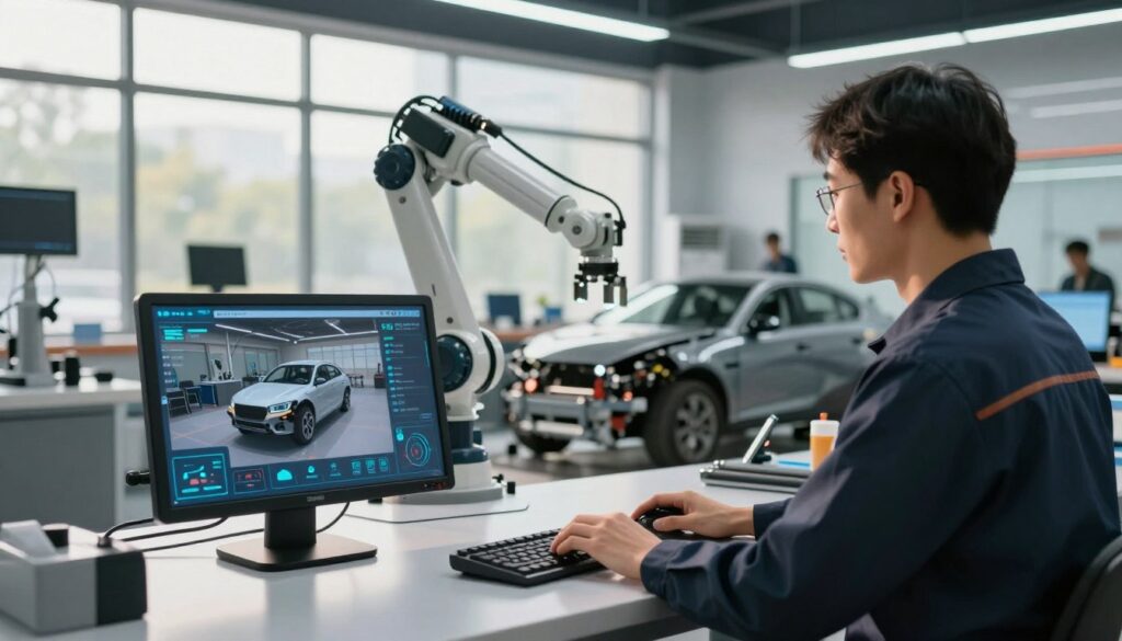 A futuristic collision repair shop interior, showcasing advanced technology in action. In the foreground, a sleek digital interface displays augmented reality diagnostics on a vehicle being repaired, with a technician in professional attire examining the data. The middle ground features a robotic arm performing precise repairs, surrounded by high-tech tools and equipment. The background reveals large windows with natural sunlight flooding in, enhancing a clean, organized workspace. The shop is bustling with activity, emphasizing a collaborative atmosphere where technology and human expertise converge. Soft ambient lighting illuminates the scene, casting gentle shadows. The mood is innovative and optimistic, illustrating the future of collision repair and insurance technology. A futuristic collision repair shop interior, showcasing advanced technology in action. In the foreground, a sleek digital interface displays augmented reality diagnostics on a vehicle being repaired, with a technician in professional attire examining the data. The middle ground features a robotic arm performing precise repairs, surrounded by high-tech tools and equipment. The background reveals large windows with natural sunlight flooding in, enhancing a clean, organized workspace. The shop is bustling with activity, emphasizing a collaborative atmosphere where technology and human expertise converge. Soft ambient lighting illuminates the scene, casting gentle shadows. The mood is innovative and optimistic, illustrating the future of collision repair and insurance technology.