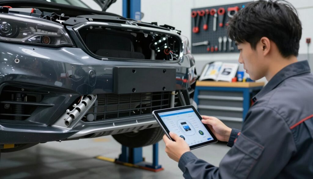 A garage scene focused on a skilled technician working on a damaged bumper of a modern car. In the foreground, the technician, dressed in professional work attire, meticulously assesses the damage using a tablet, showcasing advanced driver assistance system components. In the middle ground, the bumper is partially disassembled, revealing intricate sensors and wiring. The background features tools organized on a pegboard and a workbench with repair manuals. Soft, diffused lighting highlights the details, enhancing the technical atmosphere of the repair environment. The image conveys a sense of professionalism and expertise, emphasizing the intricate relationship between bumper repairs and vehicle safety technology.