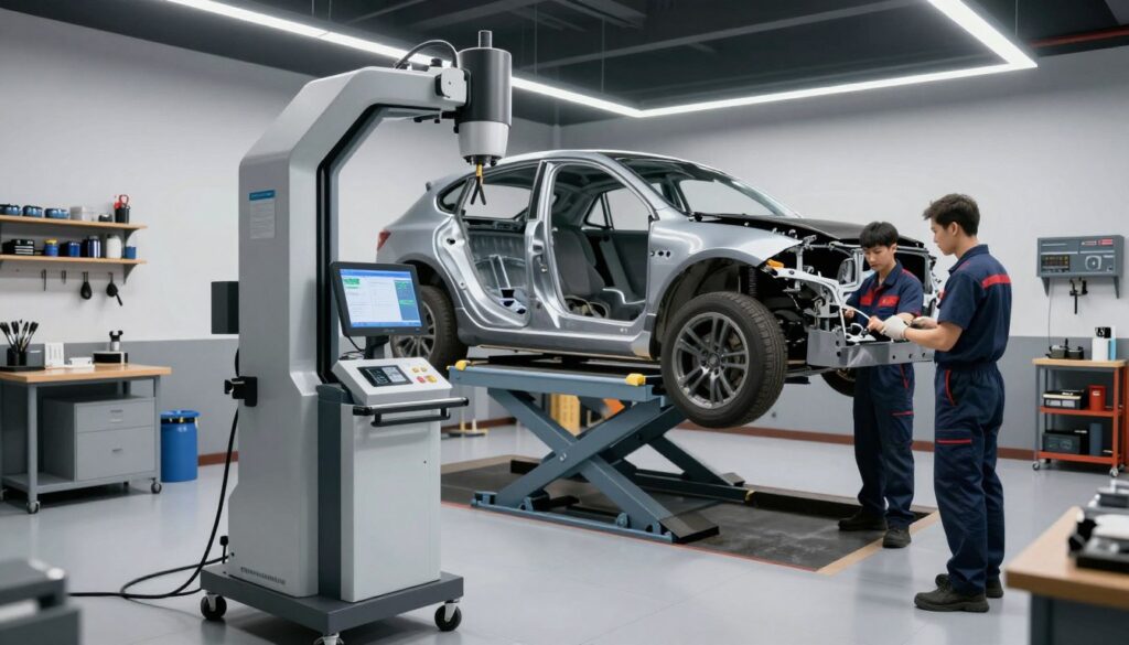 A modern auto repair shop interior, featuring a high-tech frame straightening machine prominently in the foreground. The machine is sleek and metallic, showcasing advanced technology with digital screens displaying diagnostic data. Two skilled technicians, dressed in professional work attire, focus intently on the process, using tools and equipment expertly. In the middle ground, a vehicle with a slightly damaged frame is securely positioned on a hydraulic lift, highlighting the frame straightening procedure. The background features a well-organized workshop with tools neatly arranged and bright overhead LED lighting, creating a clean and efficient atmosphere. The scene conveys a sense of professionalism and safety, emphasizing the importance of precise vehicle repairs in restoring safety. The angle is slightly elevated, capturing the entire workspace and the sophisticated nature of the technology involved. A modern auto repair shop interior, featuring a high-tech frame straightening machine prominently in the foreground. The machine is sleek and metallic, showcasing advanced technology with digital screens displaying diagnostic data. Two skilled technicians, dressed in professional work attire, focus intently on the process, using tools and equipment expertly. In the middle ground, a vehicle with a slightly damaged frame is securely positioned on a hydraulic lift, highlighting the frame straightening procedure. The background features a well-organized workshop with tools neatly arranged and bright overhead LED lighting, creating a clean and efficient atmosphere. The scene conveys a sense of professionalism and safety, emphasizing the importance of precise vehicle repairs in restoring safety. The angle is slightly elevated, capturing the entire workspace and the sophisticated nature of the technology involved.