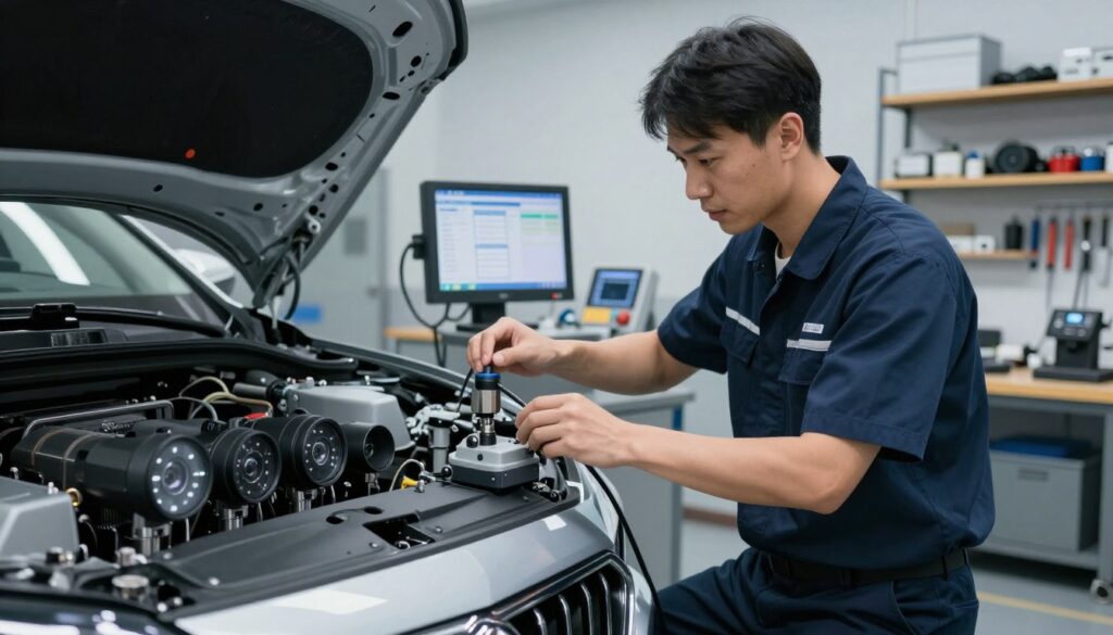 A modern automotive workshop scene focusing on sensor calibration for Advanced Driver Assistance Systems (ADAS). In the foreground, a precision instrument is being used to calibrate sensors on a damaged bumper of a sleek sedan, showcasing intricate details of the sensors and the car’s exterior. In the middle ground, a technician, dressed in a professional uniform, is intently adjusting the calibration equipment, surrounded by various high-tech tools and diagnostic screens displaying data readouts. The background features automotive workshop shelves filled with tools and spare parts, with soft overhead lighting creating a focused yet industrial atmosphere. The overall mood is professional and technical, emphasizing the importance of precise calibration for optimal ADAS performance. The angle captures both the technician’s focused expression and the detailed work being conducted.