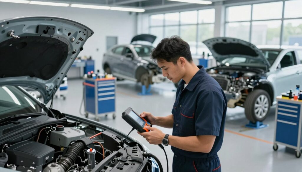A modern collision repair center bustling with activity. In the foreground, a focused technician in professional business attire is carefully examining a vehicle with a sophisticated diagnostic tool, ensuring quality repairs. The middle ground features several vehicles in varying stages of repair, highlighting the precision and attention to detail, with repair equipment and tools neatly organized. In the background, large windows allow natural light to flood the space, illuminating the clean and well-organized workshop. The atmosphere conveys professionalism and trust, emphasizing the importance of quality in collision repairs. The angle captures both the technician's meticulous work and the array of tools, showcasing a commitment to excellence in vehicle care.