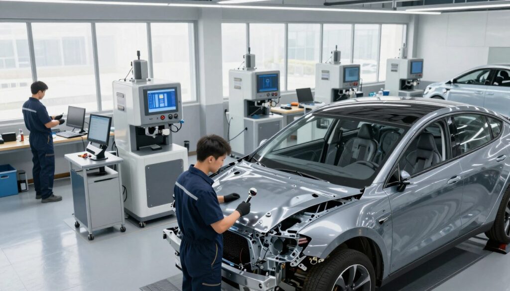 A modern collision repair facility bustling with activity. In the foreground, a skilled technician in professional work attire examines the damaged frame of a sleek, advanced vehicle, using high-tech tools and equipment. The middle ground features multiple repair stations, each equipped with specialized machinery for tasks like dent removal and bodywork, showcasing the latest technology in automotive repair. In the background, large windows let in bright natural light, illuminating a clean and organized workspace. The atmosphere conveys professionalism and precision, emphasizing the importance of specialized techniques in repairing contemporary vehicles. The angle captures the entire scene from a slightly elevated perspective, adding depth and focus to the main subject. A modern collision repair facility bustling with activity. In the foreground, a skilled technician in professional work attire examines the damaged frame of a sleek, advanced vehicle, using high-tech tools and equipment. The middle ground features multiple repair stations, each equipped with specialized machinery for tasks like dent removal and bodywork, showcasing the latest technology in automotive repair. In the background, large windows let in bright natural light, illuminating a clean and organized workspace. The atmosphere conveys professionalism and precision, emphasizing the importance of specialized techniques in repairing contemporary vehicles. The angle captures the entire scene from a slightly elevated perspective, adding depth and focus to the main subject.