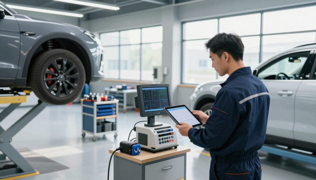 A modern collision repair shop interior, showcasing advanced technology and a sleek design. In the foreground, a professional technician in a smart uniform inspects a vehicle on a hydraulic lift, focusing on high-tech diagnostic equipment displaying data on a tablet. In the middle ground, a clean workspace with organized tools and parts, emphasizing an efficient and safe environment. In the background, large windows let in bright, natural light, highlighting the spaciousness of the shop. Soft shadows create a professional, optimistic mood, suggesting innovation in the collision repair industry. Use a wide-angle lens to capture the entire scene, with a focus on the technician and tools. The atmosphere reflects trustworthiness and expertise in collision repair. A modern collision repair shop interior, showcasing advanced technology and a sleek design. In the foreground, a professional technician in a smart uniform inspects a vehicle on a hydraulic lift, focusing on high-tech diagnostic equipment displaying data on a tablet. In the middle ground, a clean workspace with organized tools and parts, emphasizing an efficient and safe environment. In the background, large windows let in bright, natural light, highlighting the spaciousness of the shop. Soft shadows create a professional, optimistic mood, suggesting innovation in the collision repair industry. Use a wide-angle lens to capture the entire scene, with a focus on the technician and tools. The atmosphere reflects trustworthiness and expertise in collision repair.