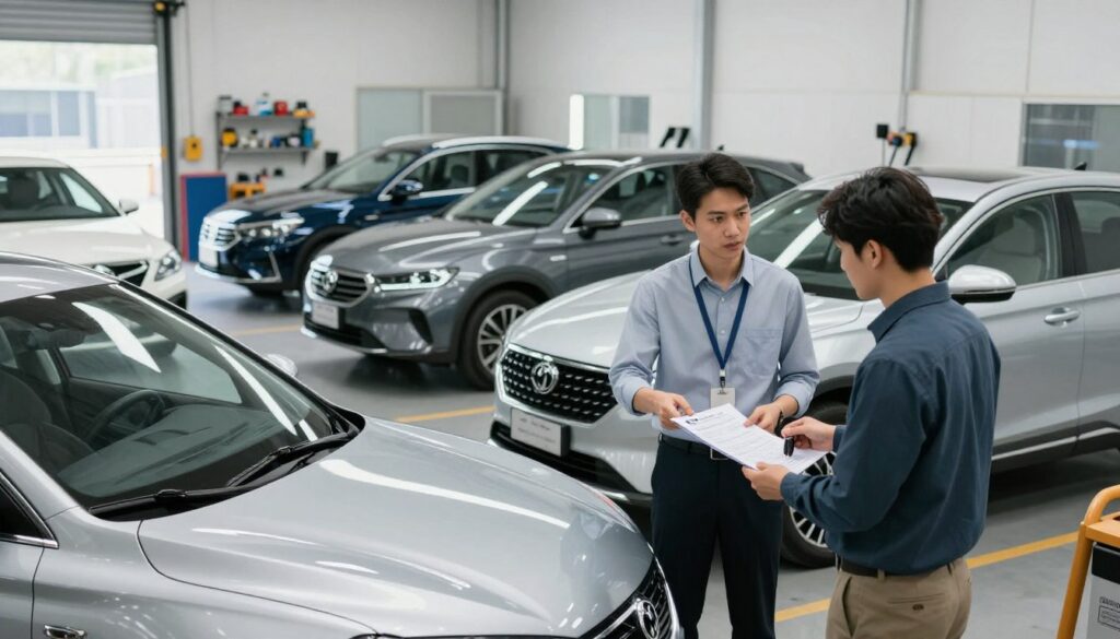 A modern rental car assistance scene at a well-lit auto body shop. In the foreground, a professional-looking staff member in business casual attire, assisting a customer with paperwork and keys for a sleek, silver rental car. In the middle, a row of diverse rental cars, showcasing various models like SUVs and sedans, all polished and ready for use. The background features the garage environment with tools and equipment, emphasizing a busy, efficient atmosphere. Soft natural light floods through large windows, creating a welcoming and reassuring mood. The angle captures both the human interaction and the rental car line-up, showcasing the convenience and customer service aspect of Miracle Body and Paint’s rental car program. A modern rental car assistance scene at a well-lit auto body shop. In the foreground, a professional-looking staff member in business casual attire, assisting a customer with paperwork and keys for a sleek, silver rental car. In the middle, a row of diverse rental cars, showcasing various models like SUVs and sedans, all polished and ready for use. The background features the garage environment with tools and equipment, emphasizing a busy, efficient atmosphere. Soft natural light floods through large windows, creating a welcoming and reassuring mood. The angle captures both the human interaction and the rental car line-up, showcasing the convenience and customer service aspect of Miracle Body and Paint’s rental car program.