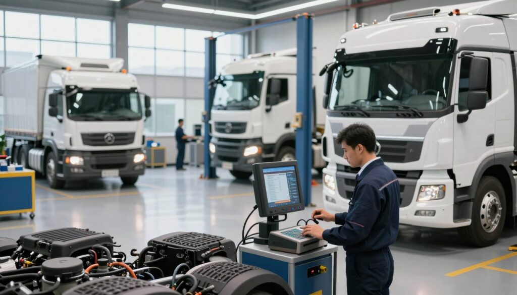 A modern truck repair facility, bustling with activity, showcases advanced technology in action. In the foreground, a technician wearing professional business attire is focused on a high-tech diagnostic tool while examining a commercial truck's engine. The middle layer features a well-lit repair area with several trucks in various stages of maintenance, surrounded by tools and equipment that reflect the latest innovations in automotive repair. The background reveals large windows allowing natural light to flood in, creating a bright, inviting atmosphere. The use of soft, ambient lighting highlights the sleek, modern design of the shop. The overall mood is professional and efficient, emphasizing a commitment to keeping commercial vehicles on the road through cutting-edge repair techniques. A modern truck repair facility, bustling with activity, showcases advanced technology in action. In the foreground, a technician wearing professional business attire is focused on a high-tech diagnostic tool while examining a commercial truck's engine. The middle layer features a well-lit repair area with several trucks in various stages of maintenance, surrounded by tools and equipment that reflect the latest innovations in automotive repair. The background reveals large windows allowing natural light to flood in, creating a bright, inviting atmosphere. The use of soft, ambient lighting highlights the sleek, modern design of the shop. The overall mood is professional and efficient, emphasizing a commitment to keeping commercial vehicles on the road through cutting-edge repair techniques.
