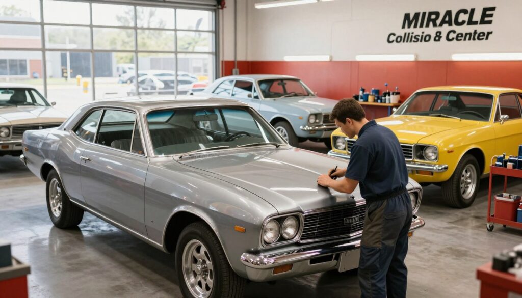 A polished auto body shop environment featuring a Miracle Body and Paint Collision Center in action. In the foreground, a skilled technician in professional attire intently working on the detailed restoration of a gleaming, mid-century classic car, emphasizing the quality of craftsmanship. The middle ground showcases several vehicles in various stages of repair, with vibrant paint booths and tools organized neatly. In the background, a large window lets in natural light, illuminating the space and creating a warm, inviting atmosphere. The scene captures a sense of professionalism and dedication, highlighting the success of vehicle restoration efforts. The overall mood is inspiring and optimistic, with a focus on quality and expertise in collision repair. A polished auto body shop environment featuring a Miracle Body and Paint Collision Center in action. In the foreground, a skilled technician in professional attire intently working on the detailed restoration of a gleaming, mid-century classic car, emphasizing the quality of craftsmanship. The middle ground showcases several vehicles in various stages of repair, with vibrant paint booths and tools organized neatly. In the background, a large window lets in natural light, illuminating the space and creating a warm, inviting atmosphere. The scene captures a sense of professionalism and dedication, highlighting the success of vehicle restoration efforts. The overall mood is inspiring and optimistic, with a focus on quality and expertise in collision repair.