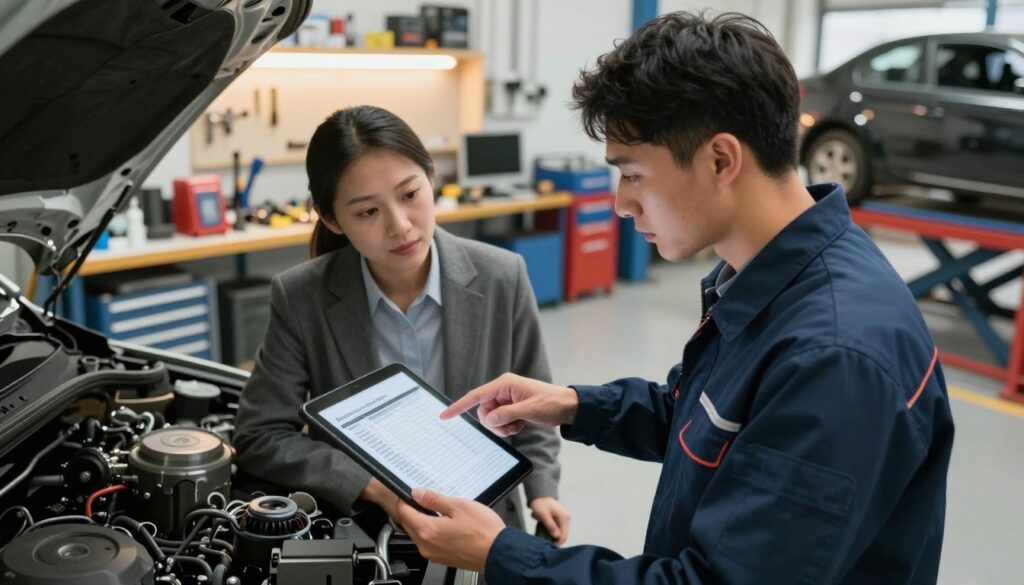 A professional auto repair shop interior, featuring a customer and a technician engaged in a transparent discussion about vehicle repairs. In the foreground, the technician, dressed in a neat work uniform, points to a repair estimate on a tablet while the customer, in business casual attire, listens attentively. In the middle ground, various auto parts and equipment can be seen, conveying a busy yet organized atmosphere. The background includes well-lit workstations with tools neatly arranged and a car on a lift, emphasizing professionalism. Soft, warm lighting creates a welcoming mood, while the perspective is slightly elevated, capturing both the interaction and the shop environment. The overall scene promotes a sense of trust and clarity in customer communication.