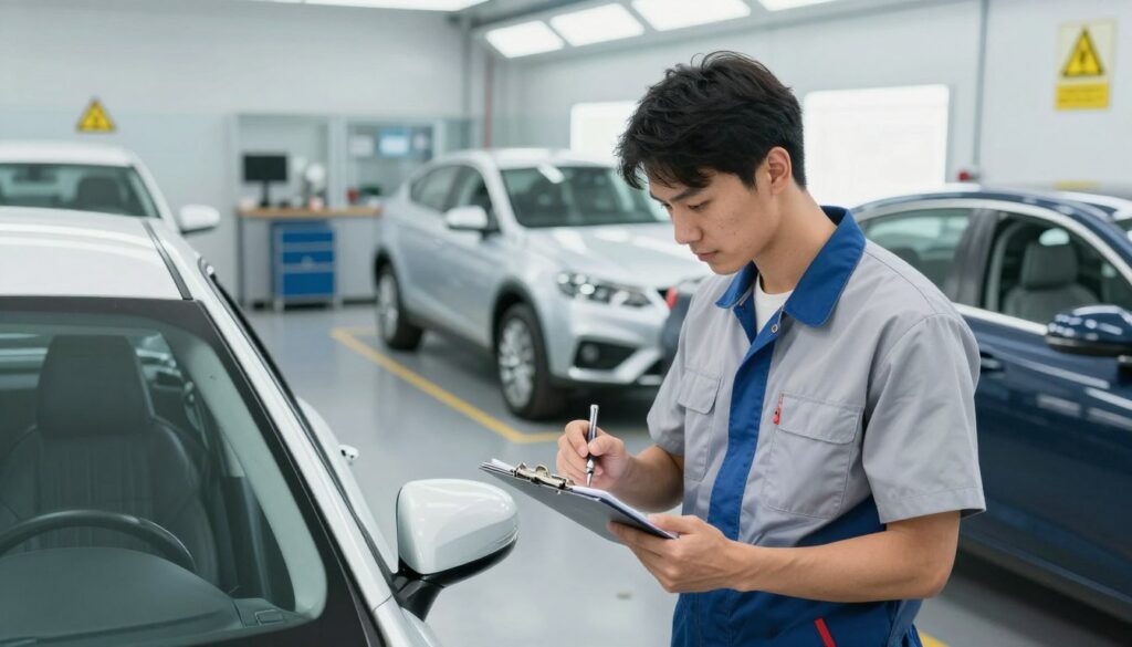 A professional body shop interior, vividly showcasing a repair inspection in progress. In the foreground, a technician wearing a clean, professional uniform closely examines a car's exterior, using a clipboard and inspection tools. The middle ground features various cars in different stages of repair, surrounded by organized tools and equipment, highlighting a state-of-the-art work environment. The background consists of well-lit workstations and safety signage, promoting a diligent atmosphere. Soft, natural lighting illuminates the scene, creating a bright and welcoming vibe. The angle captures the technician's focused expression, emphasizing dedication to quality control. The overall mood conveys professionalism, expertise, and a commitment to excellence in automotive repairs.