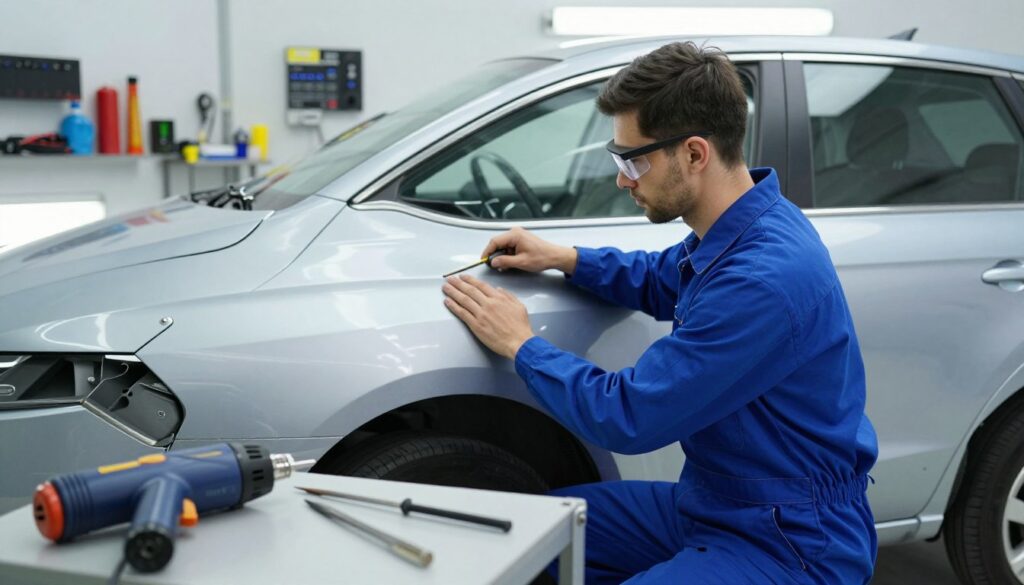 A professional dent repair technician, dressed in a smart blue jumpsuit and safety goggles, carefully works on a silver sedan in a well-lit automotive shop. The foreground features detailed tools, such as a paintless dent repair rod and a heat gun, positioned on a nearby workbench. In the middle ground, the technician gently massages a dent on the car's door, showcasing his focus and skill. The background displays an array of automotive equipment and a clean, organized workspace, illuminated by bright overhead lights that enhance the image's clarity and professionalism. The mood is serious yet hopeful, emphasizing the technician’s expertise in restoring the vehicle’s appearance without compromising its original paint. The angle is slightly elevated, capturing the technician’s profile and the car's side for a dynamic perspective. A professional dent repair technician, dressed in a smart blue jumpsuit and safety goggles, carefully works on a silver sedan in a well-lit automotive shop. The foreground features detailed tools, such as a paintless dent repair rod and a heat gun, positioned on a nearby workbench. In the middle ground, the technician gently massages a dent on the car's door, showcasing his focus and skill. The background displays an array of automotive equipment and a clean, organized workspace, illuminated by bright overhead lights that enhance the image's clarity and professionalism. The mood is serious yet hopeful, emphasizing the technician’s expertise in restoring the vehicle’s appearance without compromising its original paint. The angle is slightly elevated, capturing the technician’s profile and the car's side for a dynamic perspective.