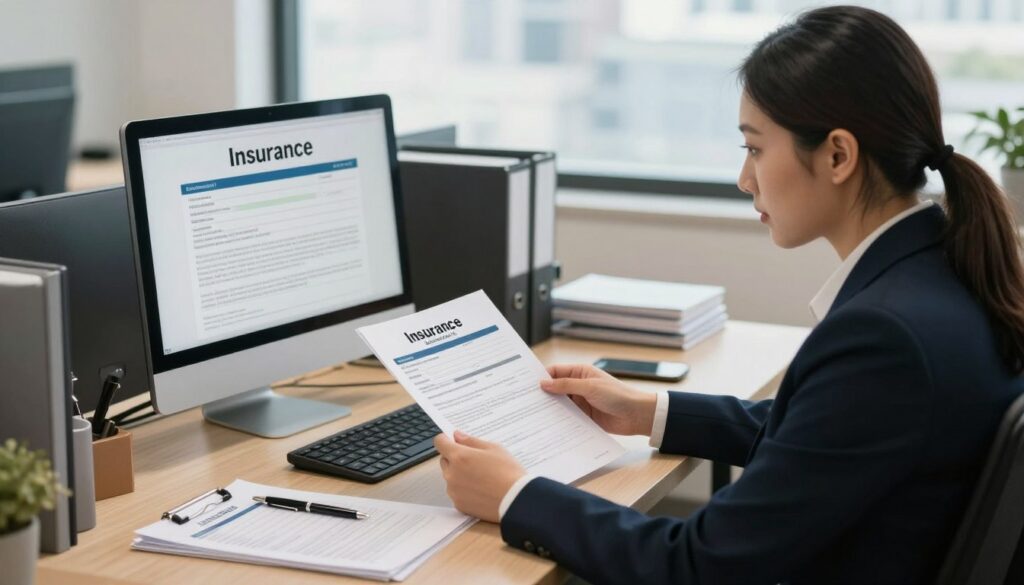 A professional setting in an office with a well-dressed insurance agent seated at a desk, reviewing an insurance claim form while looking thoughtfully at a computer screen. On the desk, various documents, a pen, and a smartphone are strategically placed, creating a sense of urgency and diligence. The background features a modern office with a window showing a hint of the San Antonio skyline, casting soft natural light across the scene. The mood is serious and focused, with warm tones that suggest professionalism and reliability. The perspective is slightly above eye level, adding depth and context to the scene, emphasizing the importance of notifying the insurance company after an incident.