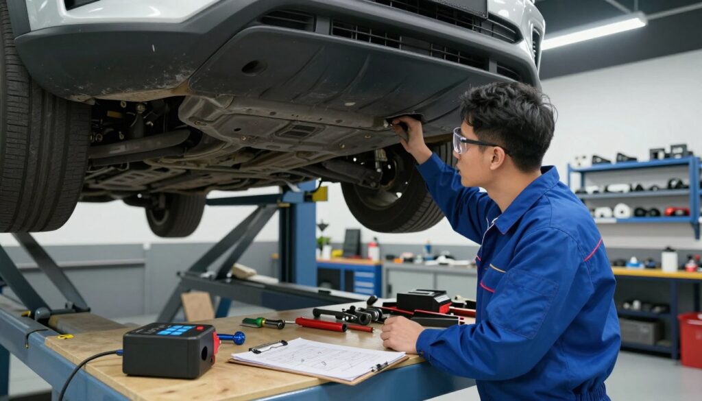 A professional vehicle inspection scene capturing an automotive technician in a modern garage, examining a car on a lift. In the foreground, the technician, dressed in a blue work uniform and safety glasses, is focused intently on checking the vehicle’s undercarriage for structural damage. In the middle, various tools and inspection equipment are neatly arranged on a workbench, with a clipboard showing diagrams and notes nearby. The background features shelves filled with car parts and bright overhead lighting illuminating the entire space. The atmosphere is one of meticulous attention to detail and professionalism, showcasing a thorough and careful approach to vehicle inspection. The scene is captured with a slight wide-angle lens, emphasizing the depth of the garage while maintaining clarity and focus on the technician's work. A professional vehicle inspection scene capturing an automotive technician in a modern garage, examining a car on a lift. In the foreground, the technician, dressed in a blue work uniform and safety glasses, is focused intently on checking the vehicle’s undercarriage for structural damage. In the middle, various tools and inspection equipment are neatly arranged on a workbench, with a clipboard showing diagrams and notes nearby. The background features shelves filled with car parts and bright overhead lighting illuminating the entire space. The atmosphere is one of meticulous attention to detail and professionalism, showcasing a thorough and careful approach to vehicle inspection. The scene is captured with a slight wide-angle lens, emphasizing the depth of the garage while maintaining clarity and focus on the technician's work.