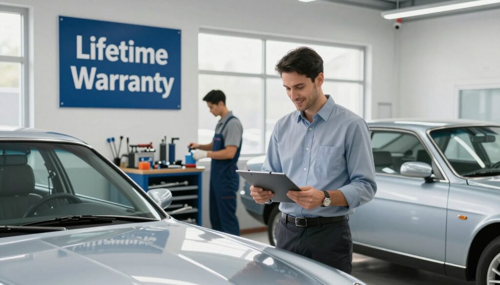 A sleek, modern auto body shop interior showcasing a prominently displayed "Lifetime Warranty" sign. In the foreground, a friendly professional in business attire is examining a beautifully restored car, demonstrating attention to detail. In the middle ground, various tools and equipment are neatly organized, while a second technician in a stylish uniform is seen working on another vehicle, showcasing precision and care. The background features large windows allowing warm, natural light to spill in, enhancing the atmosphere of trust and transparency. The color palette is bright with hints of blue and silver, evoking a sense of professionalism and reliability, while the overall mood is optimistic and reassuring, reflecting the value of long-term customer care.