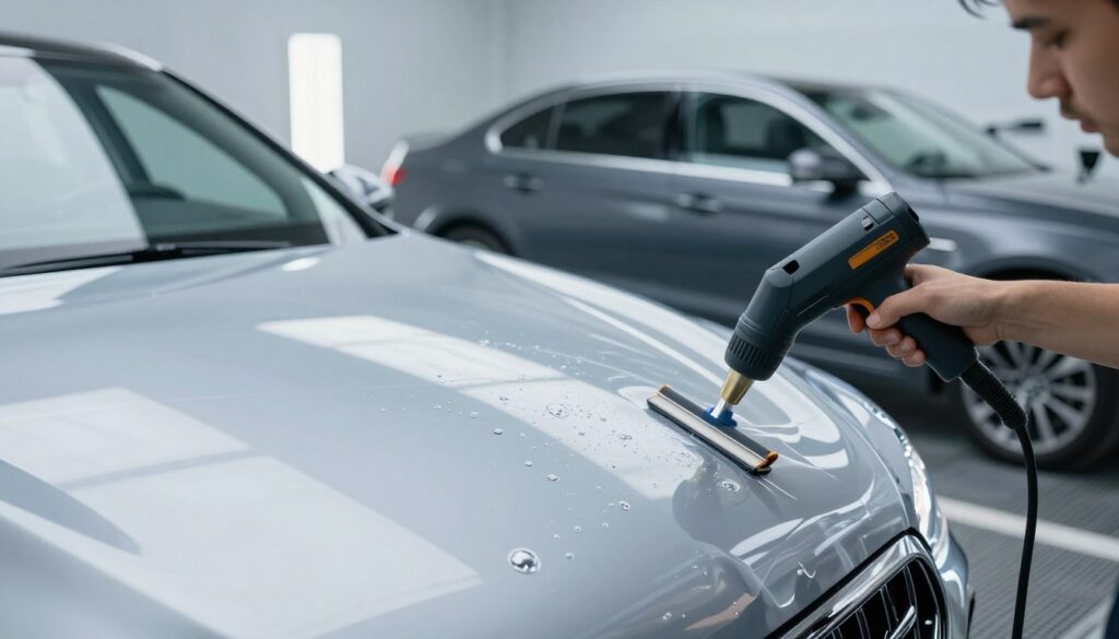 A sleek, modern automotive workshop setting as the background, filled with state-of-the-art equipment for paint protection. In the foreground, a freshly repaired car gleams under soft, diffused overhead lighting, showcasing a high-quality, transparent paint protection film being applied to its surface. The camera angle focuses on the details of the film being meticulously placed, highlighting the bubbles and imperfections being smoothed out, symbolizing precision and care. In the middle ground, tools like a heating gun and squeegee are visible, enhancing the context of automotive paint protection. The atmosphere is one of professionalism and innovation, with a sense of meticulous craftsmanship that emphasizes the importance of protecting vehicle paint after collision repairs. A sleek, modern automotive workshop setting as the background, filled with state-of-the-art equipment for paint protection. In the foreground, a freshly repaired car gleams under soft, diffused overhead lighting, showcasing a high-quality, transparent paint protection film being applied to its surface. The camera angle focuses on the details of the film being meticulously placed, highlighting the bubbles and imperfections being smoothed out, symbolizing precision and care. In the middle ground, tools like a heating gun and squeegee are visible, enhancing the context of automotive paint protection. The atmosphere is one of professionalism and innovation, with a sense of meticulous craftsmanship that emphasizes the importance of protecting vehicle paint after collision repairs.