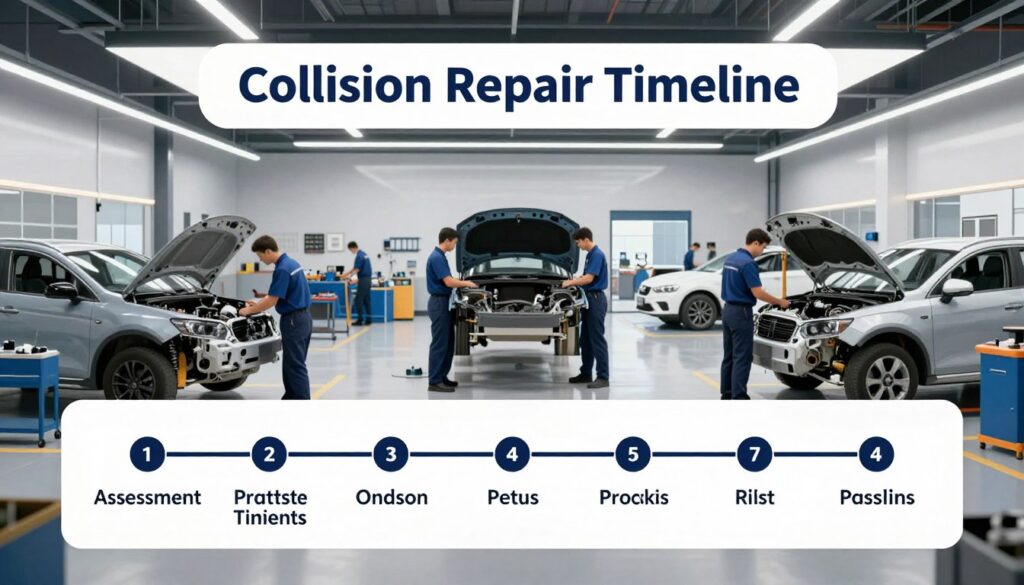 A visually engaging "Collision Repair Timeline" illustration, centered around a sleek, modern collision center with bright workshop lights illuminating the scene. In the foreground, display a detailed timeline graph, with markers indicating various repair stages like assessment, parts ordering, repairs, painting, and final inspection. The middle ground features professional technicians wearing uniforms, diligently working on different vehicles, showcasing teamwork and expertise. The background consists of clean, organized work areas with tools and cars in various stages of repair under natural and artificial lighting, creating a bright and inviting atmosphere. Aim for a tech-savvy, optimistic mood with a focus on professionalism and efficiency. Use a wide-angle lens perspective to capture the expansive environment and timelines, ensuring clarity and depth in the details. A visually engaging "Collision Repair Timeline" illustration, centered around a sleek, modern collision center with bright workshop lights illuminating the scene. In the foreground, display a detailed timeline graph, with markers indicating various repair stages like assessment, parts ordering, repairs, painting, and final inspection. The middle ground features professional technicians wearing uniforms, diligently working on different vehicles, showcasing teamwork and expertise. The background consists of clean, organized work areas with tools and cars in various stages of repair under natural and artificial lighting, creating a bright and inviting atmosphere. Aim for a tech-savvy, optimistic mood with a focus on professionalism and efficiency. Use a wide-angle lens perspective to capture the expansive environment and timelines, ensuring clarity and depth in the details.