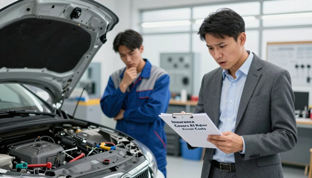A visually striking image depicting the myth "Insurance Covers All Repair Costs" in collision repair. In the foreground, a frustrated car owner in professional business attire stands beside a damaged car, looking at a clipboard with a shocked expression. In the middle ground, a mechanic in coveralls is inspecting the car's damage thoughtfully, surrounded by various automotive tools and parts, showcasing the complexity of repairs. The background features a well-organized collision repair shop, with bright, natural lighting illuminating the space to emphasize clarity. The camera angle is slightly lower to capture the emotional weight of the scene, with a soft focus effect that adds depth. The overall atmosphere is tense but informative, representing the realities of collision repair costs. A visually striking image depicting the myth "Insurance Covers All Repair Costs" in collision repair. In the foreground, a frustrated car owner in professional business attire stands beside a damaged car, looking at a clipboard with a shocked expression. In the middle ground, a mechanic in coveralls is inspecting the car's damage thoughtfully, surrounded by various automotive tools and parts, showcasing the complexity of repairs. The background features a well-organized collision repair shop, with bright, natural lighting illuminating the space to emphasize clarity. The camera angle is slightly lower to capture the emotional weight of the scene, with a soft focus effect that adds depth. The overall atmosphere is tense but informative, representing the realities of collision repair costs.