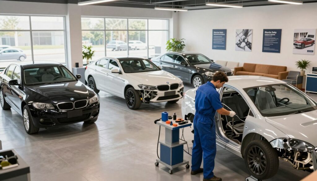 A well-equipped collision repair center, showcasing the Miracle Body and Paint Collision Center brand. In the foreground, a clean, organized workspace with modern tools and equipment, glistening under bright, natural light from large windows. A professional technician wearing a blue jumpsuit meticulously works on a vehicle, conveying a sense of dedication. In the middle ground, various cars in different stages of repair, all well-lit to emphasize the quality of craftsmanship. The background features a bright and welcoming waiting area with comfortable seating, plants, and informative posters about the collision repair process. The overall atmosphere is warm and inviting, highlighting local expertise and attention to detail in vehicle restoration. The scene uses soft lighting and a slightly angled perspective to enhance depth and focus on the work being done.