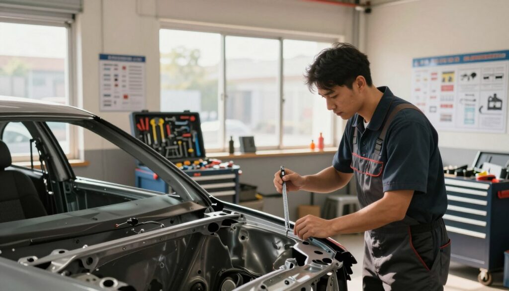 A well-lit auto repair shop interior, featuring a mid-process collision repair on a car. In the foreground, a technician in professional work attire is carefully inspecting a car frame, holding a measuring tool. The middle area shows an open toolbox with various tools neatly organized, highlighting the meticulous nature of the work. The background reveals a large window allowing natural light to pour in, illuminating the workspace and creating a warm, inviting atmosphere. The walls are adorned with repair guides and charts, reflecting the detailed attention to keeping customers informed. The scene conveys a sense of professionalism and dedication, emphasizing the importance of communication during the repair process. Soft shadows add depth, while the focus remains on the technician and the car, showcasing the intricate details of the repair work. A well-lit auto repair shop interior, featuring a mid-process collision repair on a car. In the foreground, a technician in professional work attire is carefully inspecting a car frame, holding a measuring tool. The middle area shows an open toolbox with various tools neatly organized, highlighting the meticulous nature of the work. The background reveals a large window allowing natural light to pour in, illuminating the workspace and creating a warm, inviting atmosphere. The walls are adorned with repair guides and charts, reflecting the detailed attention to keeping customers informed. The scene conveys a sense of professionalism and dedication, emphasizing the importance of communication during the repair process. Soft shadows add depth, while the focus remains on the technician and the car, showcasing the intricate details of the repair work.