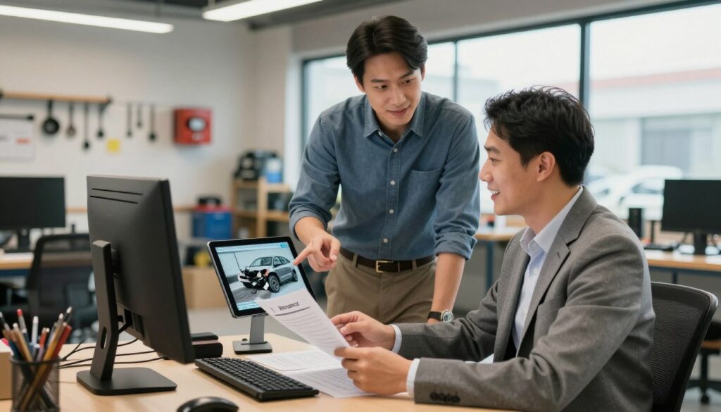 A well-lit, professional office space in the foreground, featuring a friendly insurance adjuster in business attire seated at a desk with a computer, reviewing insurance documents. In the middle ground, a collision repair shop manager, also in professional clothing, is actively engaged in conversation with the adjuster, pointing to a digital tablet displaying images of a vehicle damage assessment. The background showcases a bright, organized workspace with tools, repair equipment, and a large window allowing natural light to filter in, creating an open atmosphere. The overall mood should feel collaborative and focused, emphasizing clear communication and support in navigating the insurance claims process. Use soft, warm lighting to enhance the inviting atmosphere. A well-lit, professional office space in the foreground, featuring a friendly insurance adjuster in business attire seated at a desk with a computer, reviewing insurance documents. In the middle ground, a collision repair shop manager, also in professional clothing, is actively engaged in conversation with the adjuster, pointing to a digital tablet displaying images of a vehicle damage assessment. The background showcases a bright, organized workspace with tools, repair equipment, and a large window allowing natural light to filter in, creating an open atmosphere. The overall mood should feel collaborative and focused, emphasizing clear communication and support in navigating the insurance claims process. Use soft, warm lighting to enhance the inviting atmosphere.