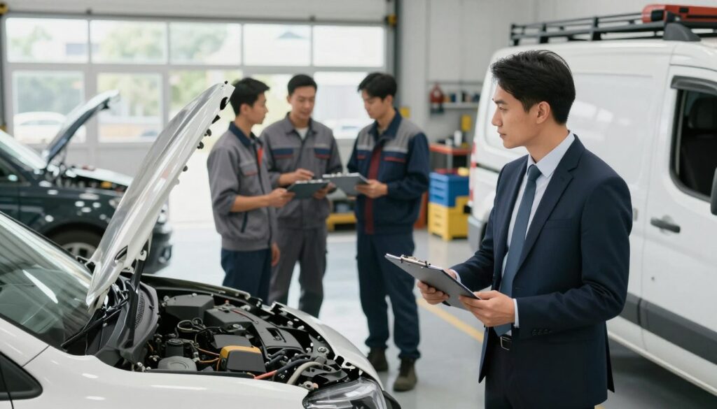 A well-organized fleet vehicle workspace following an accident, depicted in a bright and professional atmosphere. In the foreground, a fleet manager in a smart business suit inspects a damaged vehicle, holding a clipboard and observing potential safety hazards. In the middle ground, a team of maintenance workers in uniform interacts, discussing repair options and safety protocols. The background features a clean, well-lit garage filled with tools and equipment, emphasizing a sense of order and diligence. Soft natural lighting filtering through large windows creates an optimistic mood, highlighting the importance of accident prevention and post-collision procedures. The angle captures a slight overhead view, giving context to the organized workspace without distractions or unnecessary elements.
