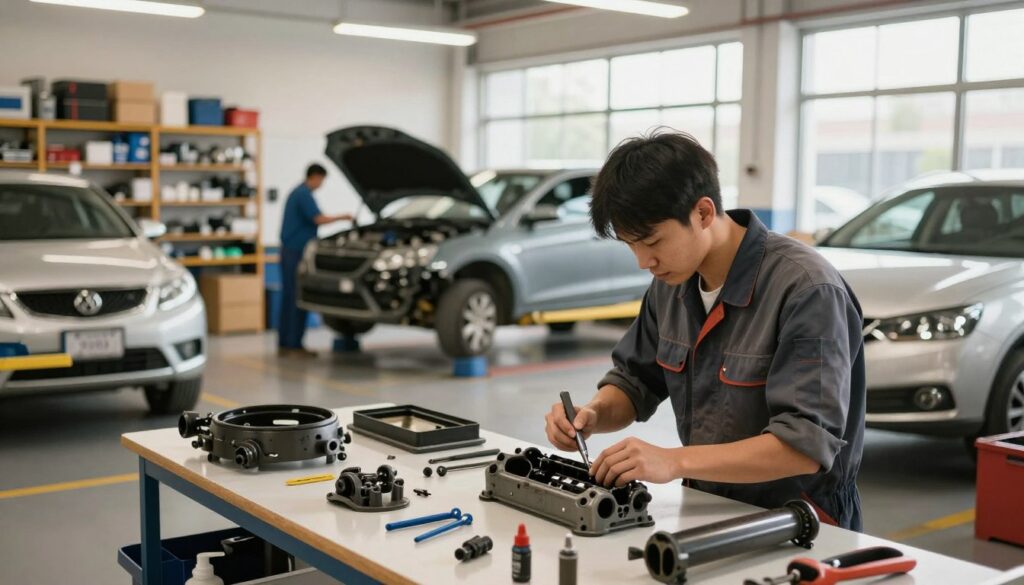 A well-organized, trusted repair center interior bustling with activity. In the foreground, a mechanic in professional attire inspects high-quality car parts on a workbench, showcasing tools that emphasize precision and quality. In the middle ground, you see a clean, well-lit workshop with various vehicles being repaired, surrounded by shelves stocked with premium materials. The background features large windows allowing natural light to flood in, illuminating the space and creating an inviting atmosphere. The mood is focused and efficient, suggesting expertise and reliability. Consider a slightly angled perspective that adds depth, capturing the essence of a professional collision repair environment. The lighting is bright but warm, enhancing the feeling of trust and assurance in the quality of work being performed.