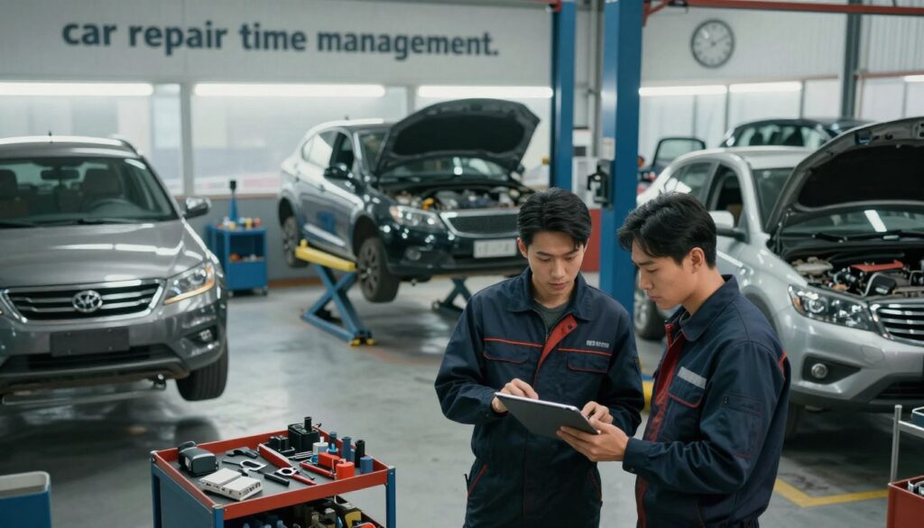 A busy auto body shop scene, emphasizing "car repair time management." In the foreground, two professional mechanics, dressed in neat uniforms, are discussing a repair schedule while looking at a tablet. In the middle ground, vehicles on lift jacks are being repaired efficiently, showcasing organized tools and parts. The background includes a wall-mounted clock showing 2:30 PM, symbolizing the importance of time management. Soft, natural lighting filters through large windows, creating a focused yet energetic atmosphere. Use a slightly elevated angle to capture the entire workspace, giving a sense of efficiency and productivity. The overall mood should be professional and industrious, highlighting the importance of timelines in auto repairs.