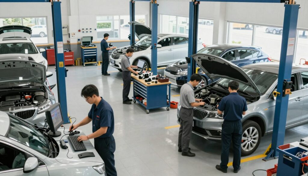 A busy auto repair shop facility designed for vehicle claims, showcasing a clean and organized workspace. In the foreground, professional technicians in business attire are inspecting various vehicles, using tools and diagnostic equipment. The middle ground features several cars in different stages of repair, with parts and tools neatly arranged on workbenches. The background has large windows allowing natural light to flood in, illuminating the area. The lighting is bright and welcoming, highlighting the professionalism of the shop. The mood is efficient and focused, emphasizing trust and competence in auto repairs. Capture this scene from a slightly elevated angle to provide a comprehensive view of the facility.