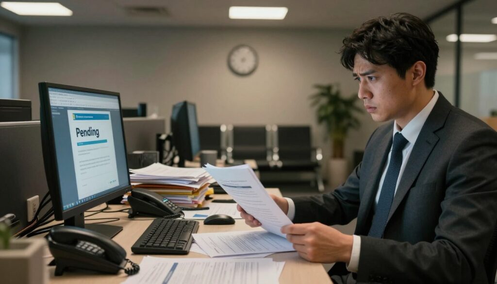 A busy office setting depicting an insurance claim investigation delay. In the foreground, a professional in business attire, looking concerned, holds a stack of paperwork while gazing at a computer screen displaying a “Pending” status. In the middle ground, a cluttered desk piled with documents, repair estimates, and a phone off the hook, symbolizing chaos and delay. The background showcases a waiting area with a clock showing time passing slowly and empty chairs, emphasizing frustration and waiting. Soft overhead lighting casts a slightly warm glow, creating a tense yet realistic atmosphere. The overall mood conveys frustration and urgency, highlighting the complexities of the insurance repair claim process. A busy office setting depicting an insurance claim investigation delay. In the foreground, a professional in business attire, looking concerned, holds a stack of paperwork while gazing at a computer screen displaying a “Pending” status. In the middle ground, a cluttered desk piled with documents, repair estimates, and a phone off the hook, symbolizing chaos and delay. The background showcases a waiting area with a clock showing time passing slowly and empty chairs, emphasizing frustration and waiting. Soft overhead lighting casts a slightly warm glow, creating a tense yet realistic atmosphere. The overall mood conveys frustration and urgency, highlighting the complexities of the insurance repair claim process.