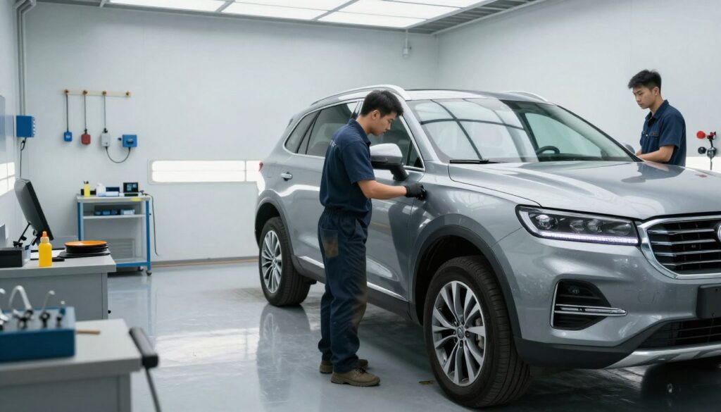 A clean, professional auto body shop with advanced tools used for fixing dents on a modern SUV after a storm. A clean, professional auto body shop with advanced tools used for fixing dents on a modern SUV after a storm.
