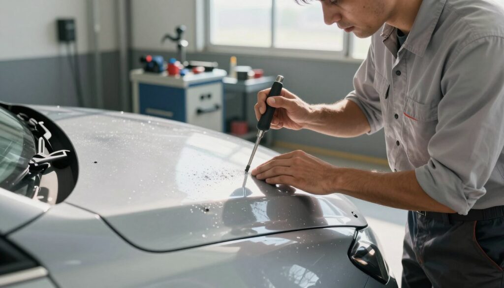 A close-up of a professional hail damage repair technician inspecting a car's roof, focusing on the dents caused by hail. The technician, dressed in a clean work shirt and sturdy pants, holds a specialized tool and is examining the damage thoughtfully. In the background, a well-lit garage with repair equipment and tools organized neatly creates an atmosphere of efficiency and professionalism. Natural sunlight streams in through a window, illuminating the car's surface to highlight the hail dents. The composition is shot from a slightly angled perspective, capturing both the technician's concentration and the severity of the damage. The overall mood conveys urgency and professionalism, emphasizing the importance of immediate repairs. A close-up of a professional hail damage repair technician inspecting a car's roof, focusing on the dents caused by hail. The technician, dressed in a clean work shirt and sturdy pants, holds a specialized tool and is examining the damage thoughtfully. In the background, a well-lit garage with repair equipment and tools organized neatly creates an atmosphere of efficiency and professionalism. Natural sunlight streams in through a window, illuminating the car's surface to highlight the hail dents. The composition is shot from a slightly angled perspective, capturing both the technician's concentration and the severity of the damage. The overall mood conveys urgency and professionalism, emphasizing the importance of immediate repairs.