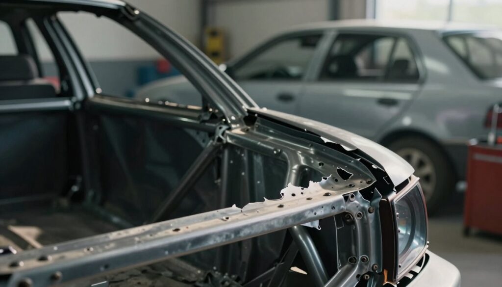 A close-up view of a car's rear frame, showcasing visible signs of frame damage with bent metal and jagged edges. In the foreground, focus on the damaged area illuminated by a bright, natural light source to highlight the imperfections, emphasizing the texture of the metal. In the middle ground, capture the contour of the car, partially blurred to keep attention on the damaged section, while including a mechanic’s toolset beside the car to convey repair readiness. The background features a garage setting, with soft shadows and a muted palette, enhancing the serious atmosphere of vehicle safety inspection. The angle is slightly low, providing a dramatic perspective that emphasizes the severity of the frame damage. A close-up view of a car's rear frame, showcasing visible signs of frame damage with bent metal and jagged edges. In the foreground, focus on the damaged area illuminated by a bright, natural light source to highlight the imperfections, emphasizing the texture of the metal. In the middle ground, capture the contour of the car, partially blurred to keep attention on the damaged section, while including a mechanic’s toolset beside the car to convey repair readiness. The background features a garage setting, with soft shadows and a muted palette, enhancing the serious atmosphere of vehicle safety inspection. The angle is slightly low, providing a dramatic perspective that emphasizes the severity of the frame damage.
