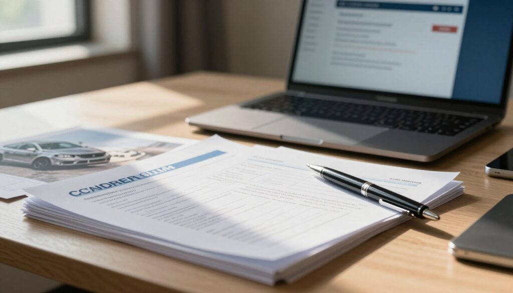 A close-up view of an organized desk featuring car accident insurance claim documentation. In the foreground, a neatly stacked pile of papers, including forms with detailed accident information, a claims checklist, and photographs of the damaged vehicle. A professional ballpoint pen is resting next to the documents, hinting at action being taken. In the middle ground, a laptop displaying an email interface for communication with the insurance company. The background features a soft-focus office setting with muted colors, creating a calm and organized atmosphere. Warm, natural lighting streams in from a nearby window, casting gentle shadows across the scene, evoking a sense of diligence and preparedness in the claims process.