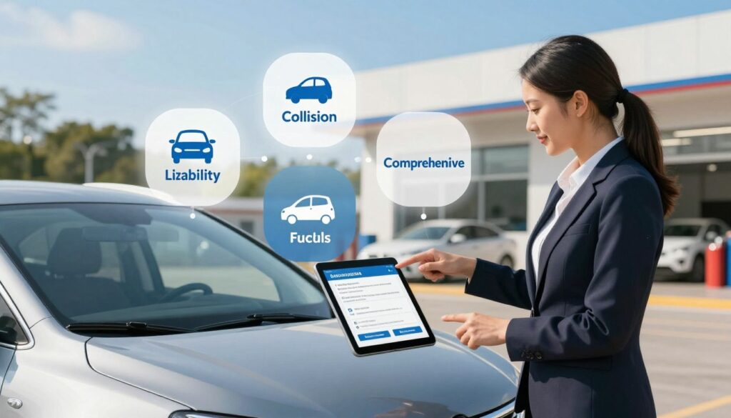 A colorful and informative scene capturing the concept of auto insurance coverage for rental cars. In the foreground, a professional-looking insurance agent in formal attire stands beside a sleek rental car, pointing at a digital tablet displaying insurance options. The middle layer includes a detailed infographic showing different types of auto insurance coverage such as liability, collision, and comprehensive, elegantly laid out around the rental car. In the background, a bright blue sky and a clean, modern auto repair shop create a sense of a reliable service environment. The lighting is warm and inviting, emphasizing the professional atmosphere. The overall mood is upbeat and reassuring, reflecting the peace of mind that comes with proper coverage during vehicle repairs. A colorful and informative scene capturing the concept of auto insurance coverage for rental cars. In the foreground, a professional-looking insurance agent in formal attire stands beside a sleek rental car, pointing at a digital tablet displaying insurance options. The middle layer includes a detailed infographic showing different types of auto insurance coverage such as liability, collision, and comprehensive, elegantly laid out around the rental car. In the background, a bright blue sky and a clean, modern auto repair shop create a sense of a reliable service environment. The lighting is warm and inviting, emphasizing the professional atmosphere. The overall mood is upbeat and reassuring, reflecting the peace of mind that comes with proper coverage during vehicle repairs.