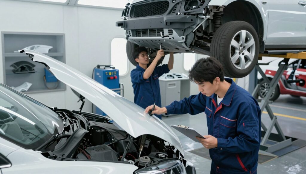A detailed and dynamic scene of a vehicle collision repair process in a modern automotive workshop. In the foreground, an experienced mechanic in professional attire carefully inspects a crumpled car hood, holding a clipboard. In the middle, another technician works on a car lifted on a hydraulic repair stand, using specialized tools to align the chassis. The background reveals various repair equipment, including welding machines and painted car parts on display. Bright, even lighting illuminates the scene, creating a clean and efficient atmosphere. The angle is slightly elevated, providing a comprehensive view of the repair process. The overall mood conveys professionalism, precision, and a sense of teamwork in the collision repair environment.