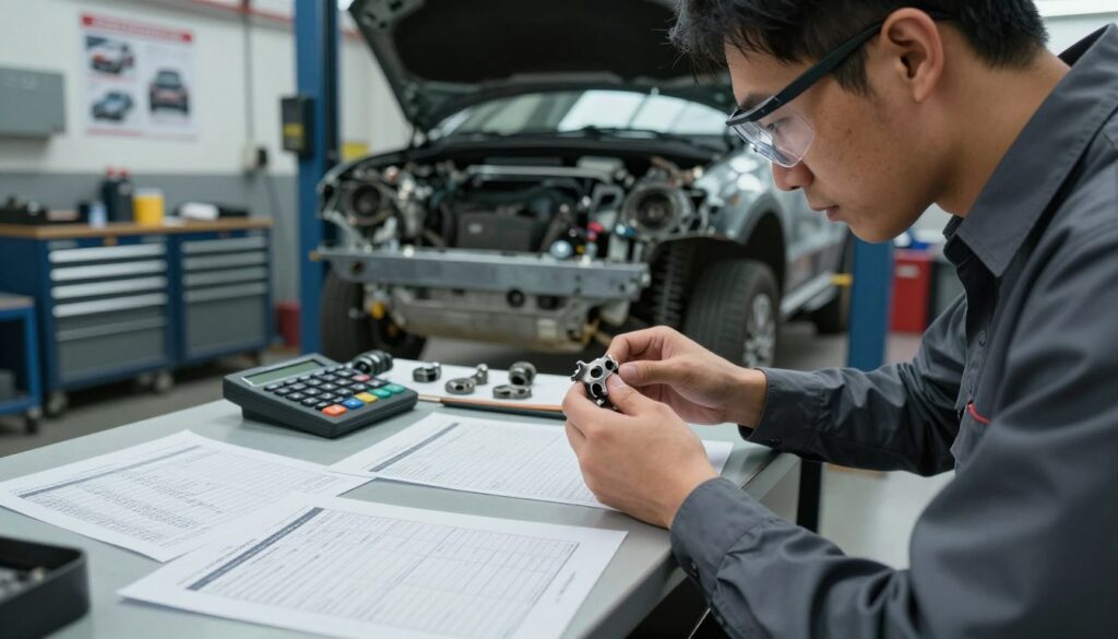 A detailed close-up scene in an automotive repair shop focused on a mechanic evaluating repair quality. In the foreground, an organized desk cluttered with vehicle repair documentation, featuring invoices, replacement parts lists, and quality assurance checklists. A mechanic, wearing a professional business shirt and safety glasses, is attentively examining a metal part under bright fluorescent lighting. In the middle ground, a partially repaired vehicle on a lift, showcasing its exposed bodywork. The background features tool cabinets and posters illustrating proper repair techniques. The atmosphere is one of careful scrutiny and professionalism, with a slightly industrial feel and a hint of urgency. The angle captures the mechanic’s thoughtful expression, emphasizing the importance of documentation in collision repair.