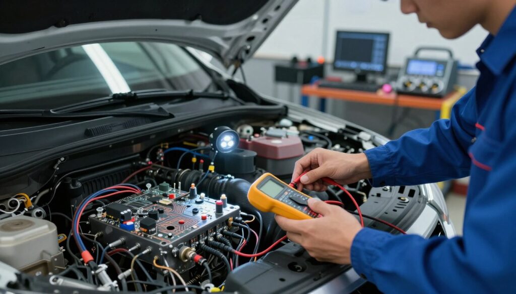 A detailed close-up view of a car's electrical and sensor systems being checked by a professional technician. In the foreground, the technician, dressed in a blue mechanic uniform, is carefully inspecting wiring harnesses and connectors with a multimeter in hand. The middle ground features an open car hood, revealing complex electrical components and sensors illuminated by bright LED work lights, emphasizing intricate details like circuit boards and wiring. The background shows a clean, organized auto repair shop with tools neatly arranged and diagnostic equipment. The atmosphere is focused and technical, capturing the meticulous nature of automotive diagnostics, with a slightly cool lighting to convey a high-tech feel.