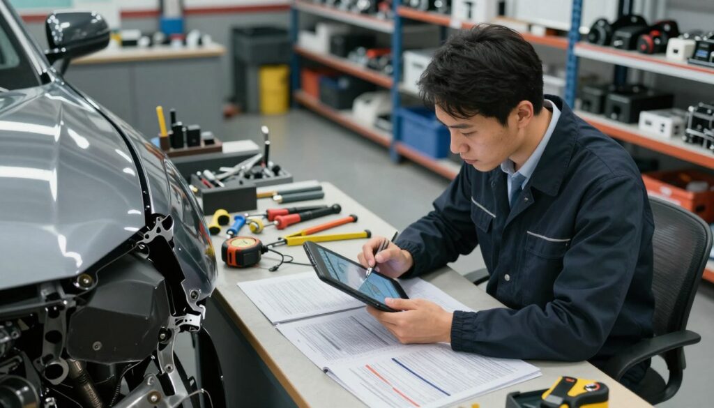 A detailed scene depicting a professional collision repair estimation process in an automotive shop. In the foreground, a technician, dressed in professional business attire, is examining a damaged vehicle with a digital tablet in hand, assessing the damages. The middle ground features a workbench cluttered with tools, measurement instruments, and repair manuals, emphasizing a methodical approach. In the background, shelves lined with spare parts and equipment create an organized, busy atmosphere typical of a repair facility. Soft, diffused lighting highlights the various elements, creating a focused and serious mood. The angle captures the technician from a slight above view to emphasize the effort and detail involved in the estimation process. A detailed scene depicting a professional collision repair estimation process in an automotive shop. In the foreground, a technician, dressed in professional business attire, is examining a damaged vehicle with a digital tablet in hand, assessing the damages. The middle ground features a workbench cluttered with tools, measurement instruments, and repair manuals, emphasizing a methodical approach. In the background, shelves lined with spare parts and equipment create an organized, busy atmosphere typical of a repair facility. Soft, diffused lighting highlights the various elements, creating a focused and serious mood. The angle captures the technician from a slight above view to emphasize the effort and detail involved in the estimation process.