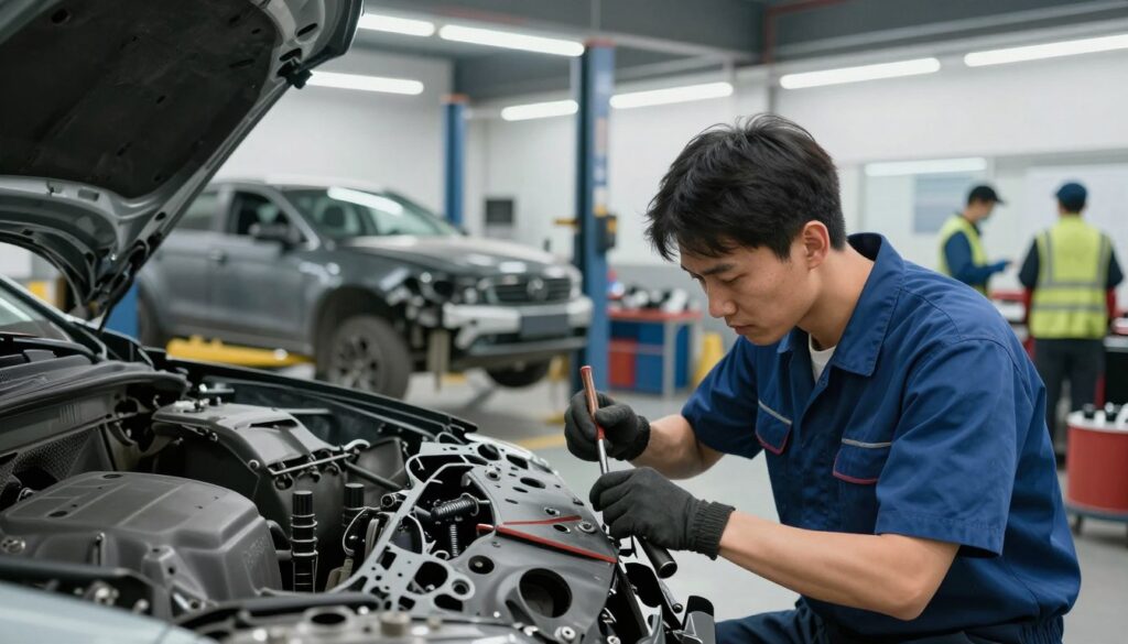 A detailed scene depicting the car accident repair journey: in the foreground, a focused mechanic in professional attire is inspecting a damaged vehicle, using tools and equipment with precision. In the middle ground, a well-organized auto repair shop showcases various repair stations, with a partially disassembled car on a lift and parts neatly arranged. The background features bright lighting illuminating the space, creating a clean and professional atmosphere. The angles highlight the intricacies of the repair process, with safety gear visible on workers in the background, ensuring a sense of professionalism and commitment to quality. The overall mood conveys determination and expertise, emphasizing the thoroughness of the repair journey.