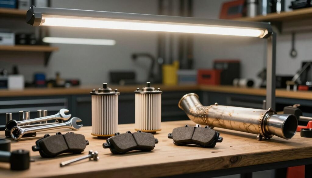 A detailed view of various aftermarket auto parts displayed on a workbench in a well-lit garage. In the foreground, showcase components like performance brake pads, a fuel filter, and an aftermarket exhaust pipe, each gleaming under bright, overhead LED lights. The middle ground should feature tools such as wrenches and sockets, hinting at a mechanic's workspace, while the background includes shelves filled with additional parts and equipment, softly blurred to emphasize the main subjects. The scene should convey a sense of professionalism and industriousness, with warm, inviting lighting that highlights the quality and variety of aftermarket components, creating an atmosphere of innovation and possibility in automotive repair. A detailed view of various aftermarket auto parts displayed on a workbench in a well-lit garage. In the foreground, showcase components like performance brake pads, a fuel filter, and an aftermarket exhaust pipe, each gleaming under bright, overhead LED lights. The middle ground should feature tools such as wrenches and sockets, hinting at a mechanic's workspace, while the background includes shelves filled with additional parts and equipment, softly blurred to emphasize the main subjects. The scene should convey a sense of professionalism and industriousness, with warm, inviting lighting that highlights the quality and variety of aftermarket components, creating an atmosphere of innovation and possibility in automotive repair.