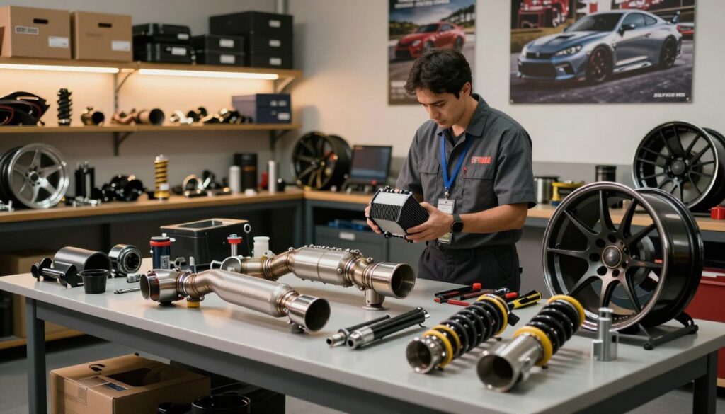 A dynamic automotive workshop scene, showcasing a variety of aftermarket car parts in the foreground. Include performance enhancements like aftermarket exhaust systems, suspension kits, and stylish rims neatly arranged on a workbench. In the middle ground, a technician in professional business attire examines a high-performance air intake system, while tools are scattered around. The background features an illuminated workshop with shelves filled with boxes containing additional aftermarket parts and posters of popular car models. Soft, warm lighting illuminates the scene, creating an inviting and engaging atmosphere that highlights the accessibility and appeal of aftermarket components. The overall mood reflects enthusiasm and innovation in vehicle customization. A dynamic automotive workshop scene, showcasing a variety of aftermarket car parts in the foreground. Include performance enhancements like aftermarket exhaust systems, suspension kits, and stylish rims neatly arranged on a workbench. In the middle ground, a technician in professional business attire examines a high-performance air intake system, while tools are scattered around. The background features an illuminated workshop with shelves filled with boxes containing additional aftermarket parts and posters of popular car models. Soft, warm lighting illuminates the scene, creating an inviting and engaging atmosphere that highlights the accessibility and appeal of aftermarket components. The overall mood reflects enthusiasm and innovation in vehicle customization.
