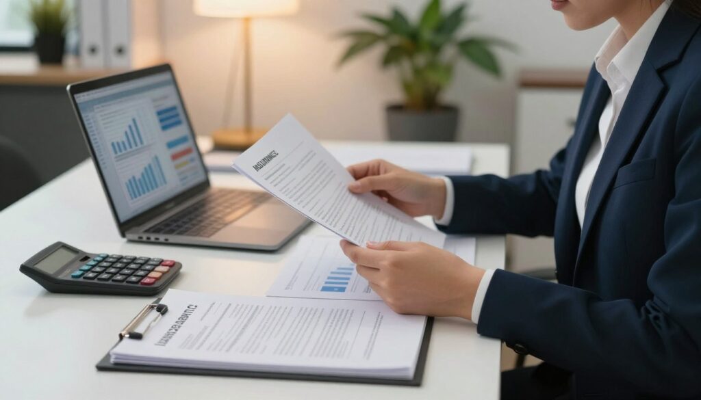 A focused individual seated at a modern, organized desk, reviewing various documents related to insurance policies. The person is wearing professional business attire, highlighting their commitment to handling important financial matters. On the desk, there are neatly stacked papers, an open laptop displaying financial charts, and a calculator. In the background, soft office lighting creates a warm and inviting atmosphere, while a plant adds a touch of greenery. The angle emphasizes the concentration on the documents, with shallow depth of field, drawing attention to the individual and their task. The scene evokes a sense of determination and mindfulness in managing out-of-pocket costs effectively.